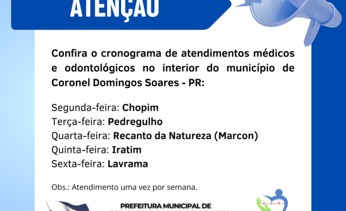 DEPARTAMENTO MUNICIPAL DE SAÚDE INFORMA DIAS DE ATENDIMENTO NAS LOCALIDADES DO INTERIOR DO MUNICÍPIO