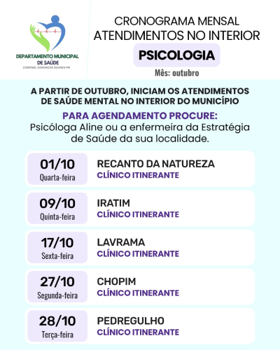 Cronograma de atendimento no interior - PSICOLOGIA em outubro
